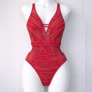 Becca One Piece Swimsuit Womens S Red Cutout Lace Up Plunge Boho